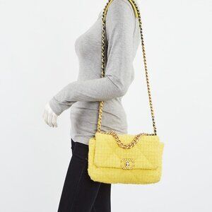 Chanel Yellow/Beige Quilted Tweed Small Chanel 19 Bag
